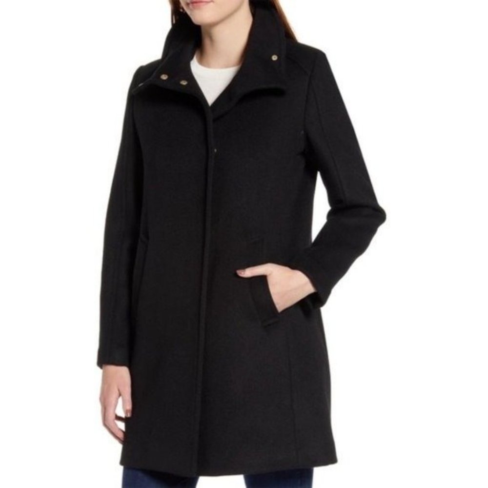 COLE HAAN Signature Snap Topper Wool Blend Long Black Pea Coat Jacket Size 12 L